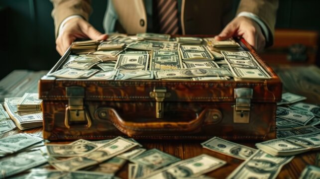 Businessman holding a briefcase full of money, symbolizing wealth and financial success