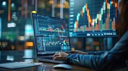 Business analyst using financial software on a computer, illustrating the use of technology in finance