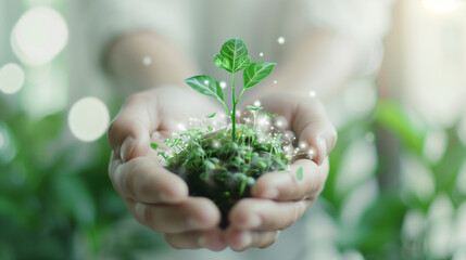 Hand supporting a holographic CO2 cloud with green sustainability symbols, innovative, environmental