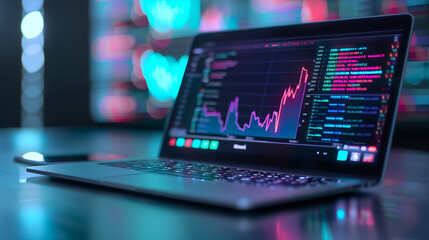 Obraz premium Holographic financial analytics displayed from a laptop, clean, innovative