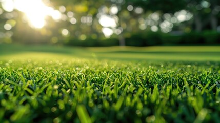 Grass meadow in the morning. Sun rays. Macro photography. Horizontal format.