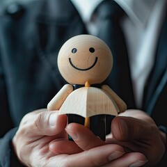 A businessman standing with a smile, holding a smile wooden figure and demonstrating protection with a virtual umbrella.