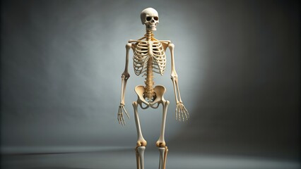Isolated human skeleton model against a grey background, showcasing detailed anatomy of the bones and joints in a life-size pose.