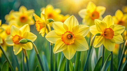 Fototapeta premium Vibrant yellow trumpet-shaped daffodil blooms against a soft green background, showcasing delicate petals and intricate textures, symbolizing hope and renewal in springtime.