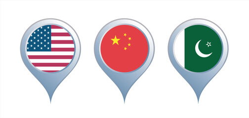United States, Pakistan India Location Map icon and logo, Geolocation icon on light background. Mark location symbol. Navigation, map, location pin, position. Outline, flat and colored style.