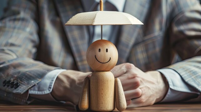 A businessman with a confident stance, demonstrating the concept of protection with a smile wooden figure and virtual umbrella.