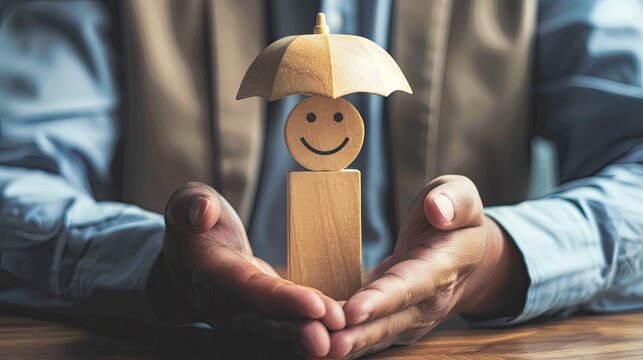 A businessman with a confident stance, demonstrating the concept of protection with a smile wooden figure and virtual umbrella.