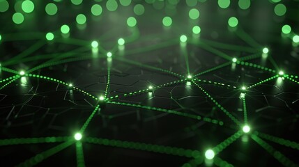 Fototapeta premium AI network visualization, midnight black background, holographic green lines, glowing points of contact, sleek and futuristic.