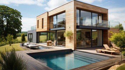 Luxurious modern country house backyard displaying a sophisticated swimming pool