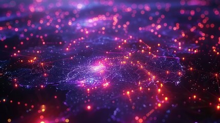 Fototapeta premium AI-based connectivity map, jet black background, holographic magenta lines, glowing points of contact, high-tech and sleek.