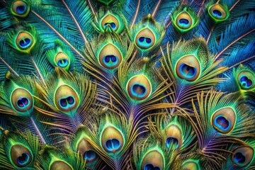 Vibrant peacock feathers displaying stunning iridescent blues and greens in intricate patterns, isolated on a clean minimalistic background with ample copy space, perfect for carnival costume designs.