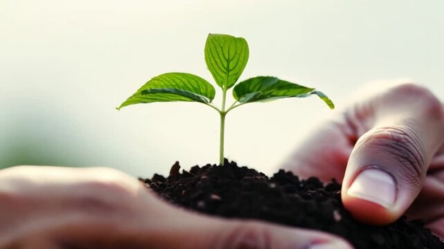 A close-up of hands holding a young sapling growing from rich soil.