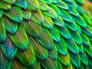 Obraz premium Vibrant green and emerald toned bird's feather fills the frame, showcasing intricate patterns, soft barbs, and delicate texture in stunning close-up detail.