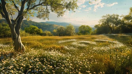 A sprawling meadow with wildflowers and a lone tree in the foreground, with rolling hills in the distance and a blue sky with fluffy white clouds.