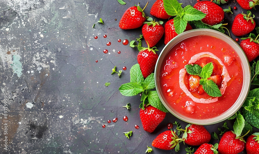 Sticker A bowl of red soup with strawberries and mint on a grey background