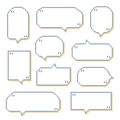 collection set of retro game 8bit pixel speech bubble balloon black and white color with quotation marks, flat design vector illustration