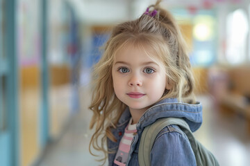 Portrait of a cute little blonde girl, first day at kindergarten