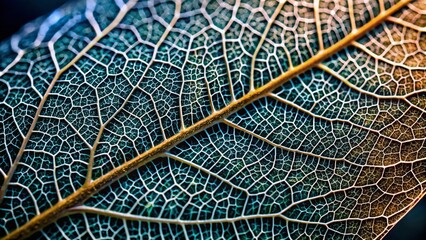 Delicate intricate dew-kissed leaf skeleton reveals detailed texture of veins and cells in a stunning high-contrast macro photograph of natural botanical beauty.