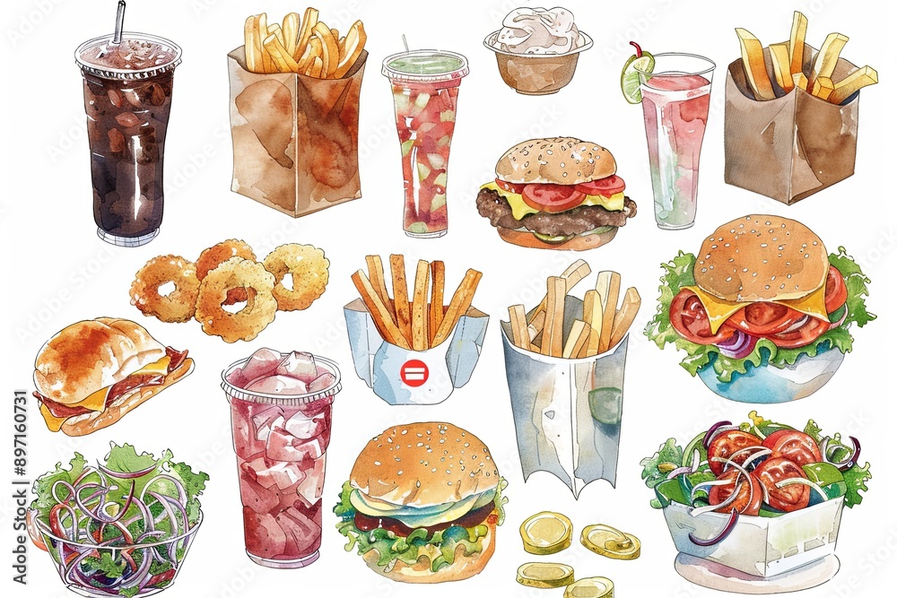 Canvas Prints A drawing of a variety of fast food items, including hamburgers, fries