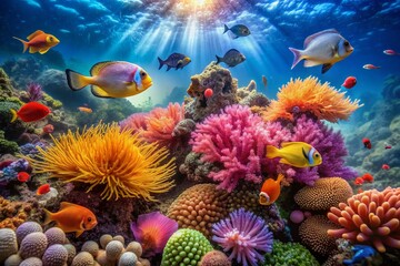 Vibrant coral reef teems with marine life, colorful fish swim alongside sea fans and anemones, spotlighting nature's splendor in an underwater world of wonder.