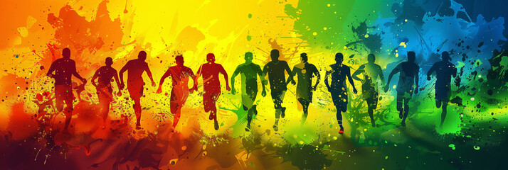 Obraz premium A Colorful Sprint Towards Victory: Silhouettes of Athletes Racing Through a Rainbow of Passion