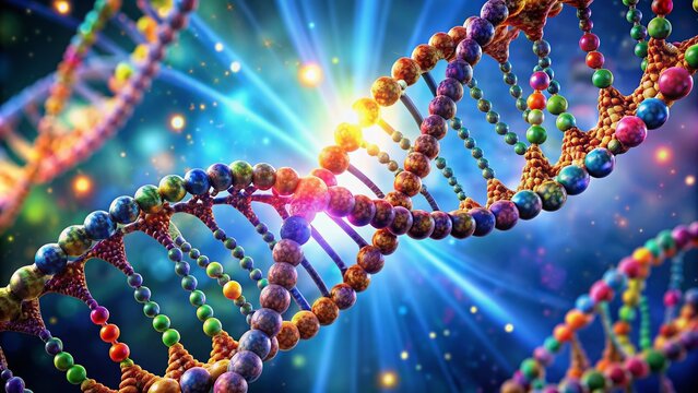 Vibrant, colorful illustration of a DNA double helix molecule, showcasing its twisting ladder-like structure, with nucleotide bases and sugar-phosphate backbone visible under magnification.