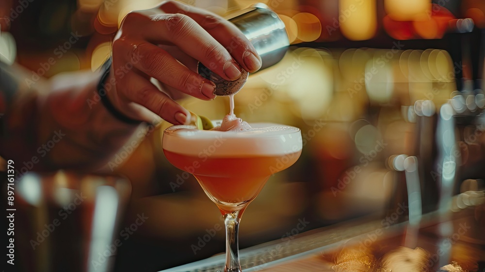 Poster a close-up of a bartender's hands creating a visually stunning cocktail.