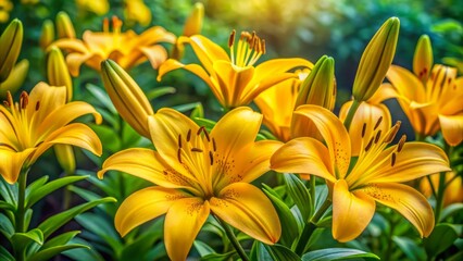 Fototapeta premium Vibrant yellow lily flowers with delicate petals bloom amidst lush green foliage, creating a serene and idyllic natural landscape scene.