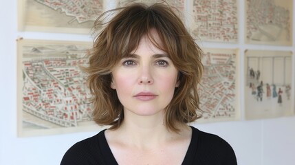 A thoughtful woman with wavy hair stands in front of a collection of detailed map drawings, looking directly at the camera in a quiet indoor setting