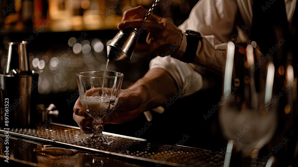 Poster a close-up of a bartender's hands expertly stirring a drink with a bar spoon.
