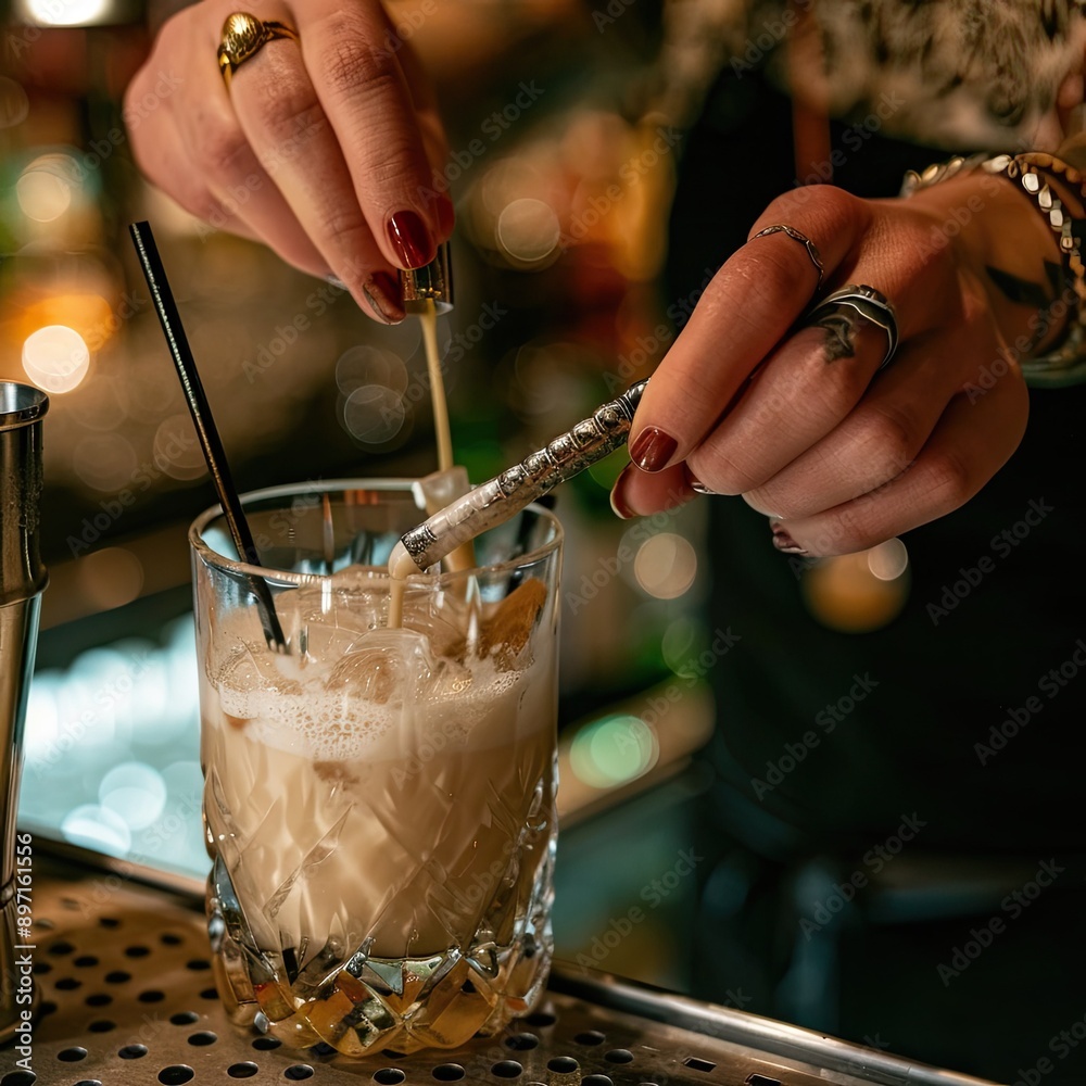 Poster a close-up of a bartender's hands expertly stirring a drink with a bar spoon.