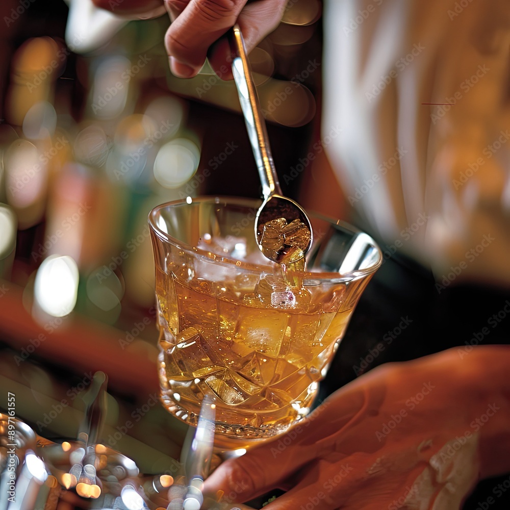 Poster a close-up of a bartender's hands expertly stirring a drink with a bar spoon.