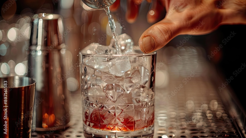 Poster a close-up of a bartender's hands mixing a drink in a glass with ice.