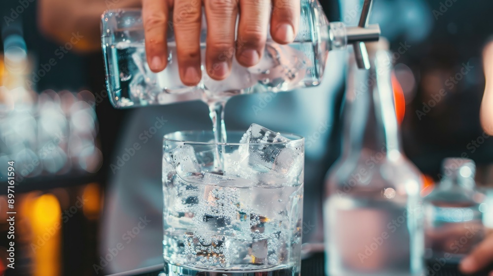 Poster a close-up of a bartender's hands mixing a drink in a glass with ice.