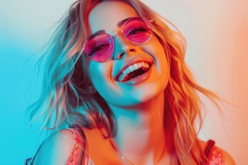 A happy woman wearing pink sunglasses looks directly at the camera