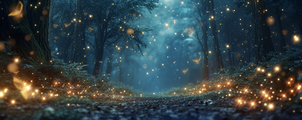 Enchanted forest at night with glowing fireflies