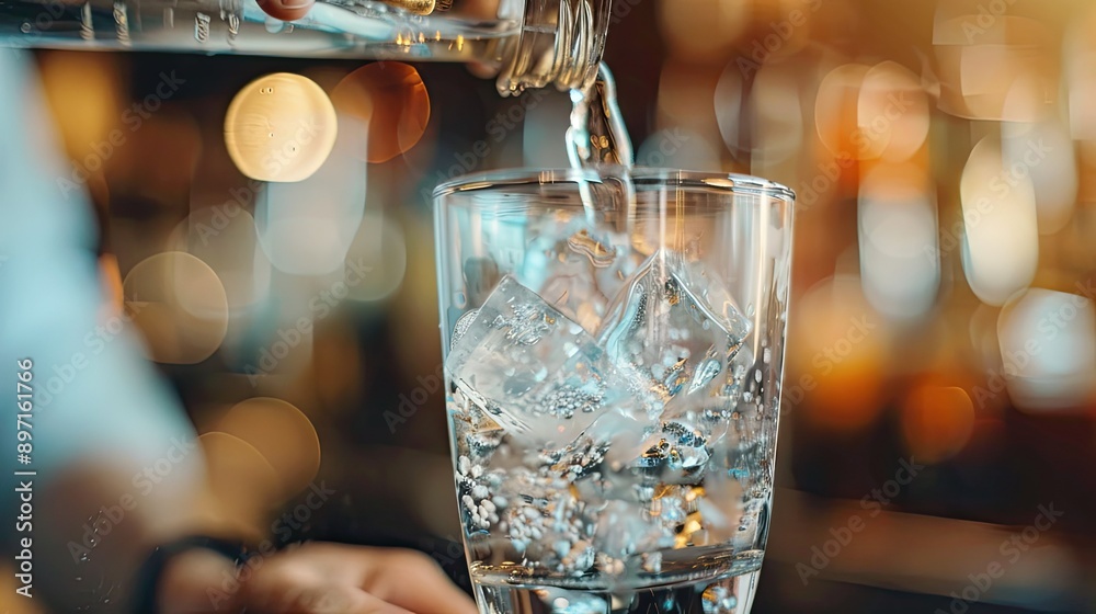 Poster a close-up of a bartender's hands pouring a drink over ice in a glass.