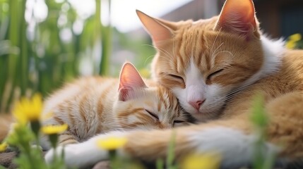 Fototapeta premium Sweet mother s day scene mom cat and kitten sleeping together in love, hearts adorably intertwined