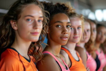 Fototapeta premium A Powerful Gaze: Diverse Young Volleyball Players in a Sunlit Indoor Court
