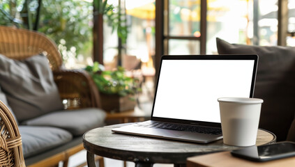 Laptop with Blank Screen on a Table in a Cozy Indoor Cafe Setting, Representing Remote Work and Digital Nomad Lifestyle