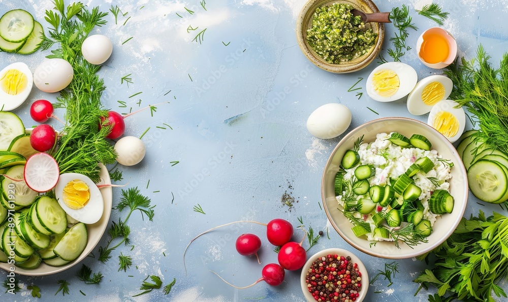 Poster A table with a variety of vegetables and fruits, including cucumbers, radishes