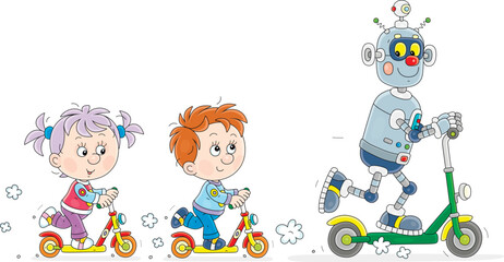 Happy little kids and a funny toy robot merrily riding their scooters on a playground in a park, vector cartoon illustration isolated on a white background