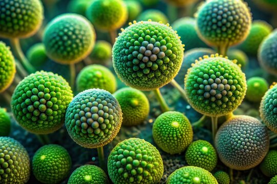 Vibrant green moss spores magnified under a microscope, revealing intricate spherical shapes with textured surfaces and delicate patterns, showcasing nature's microscopic beauty.