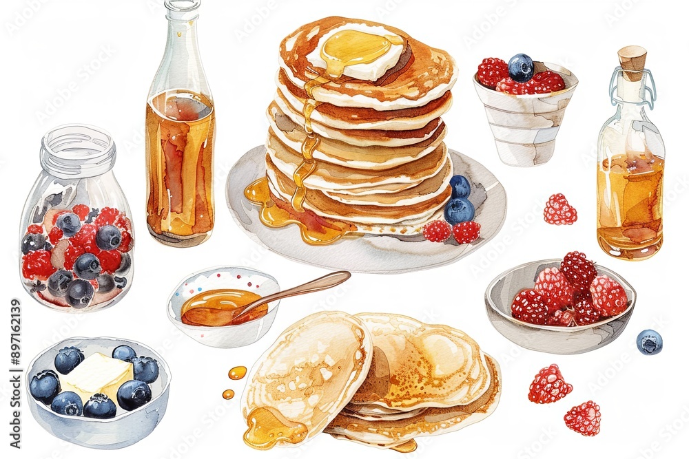 Canvas Prints A plate of pancakes with syrup and berries on a table