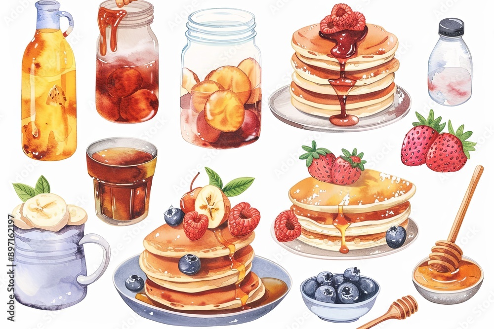 Canvas Prints A collection of breakfast foods including pancakes, syrup, and fruit