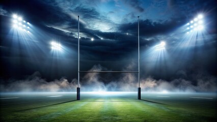 Dramatic rugby field goalposts stand tall, intensely illuminated amidst a dark, misty night, conveying fierce sports competition atmosphere.