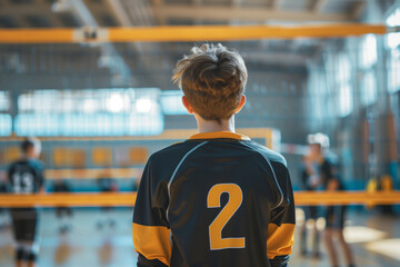 A Young Athlete's Determined Gaze: A Moment of Reflection in the Indoor Court