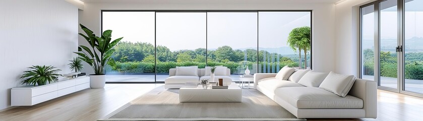 Spacious contemporary living room with panoramic windows and minimalist decor, modern luxury home interior, tranquility and elegance