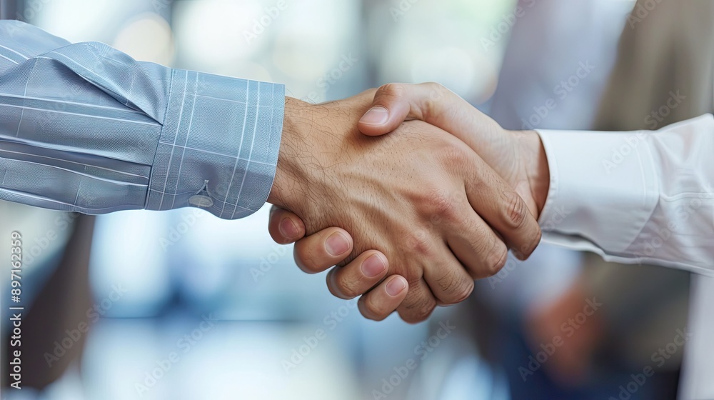 Poster A close-up of a handshake with focus on the interlocking hands. 