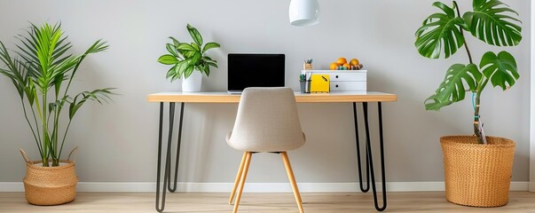 Cozy home office with a modern desk, ergonomic chair, and vibrant plant decor, promoting productivity, home office setup, modern work environment